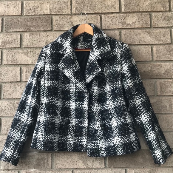 Black and White Plaid Pea Coat - Picture 1 of 7